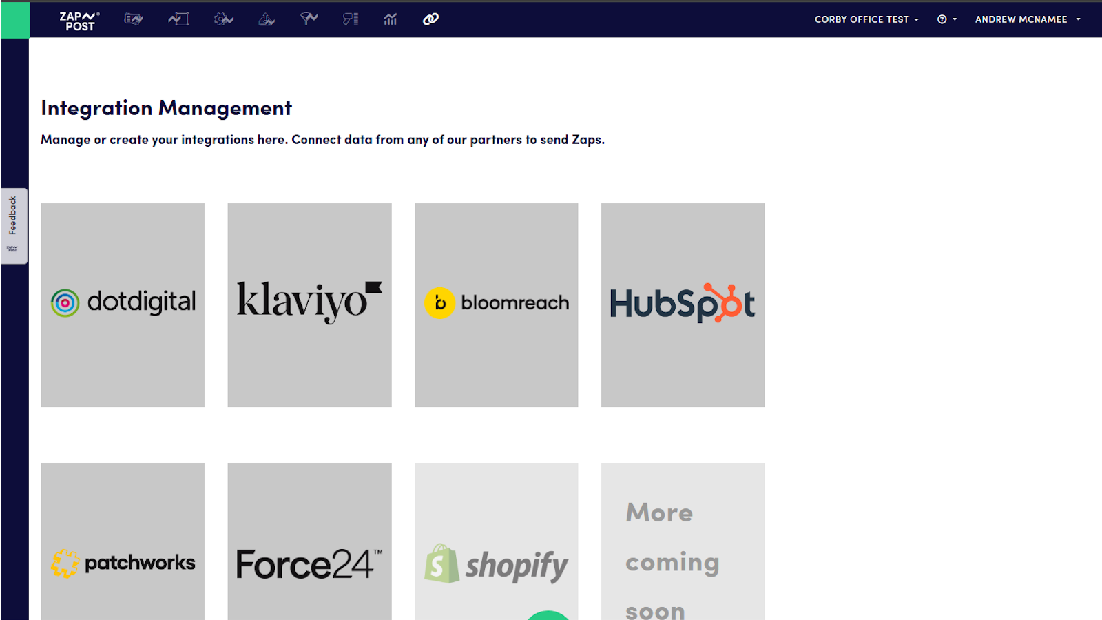 Integrations Dashboard where users authenticate the integration